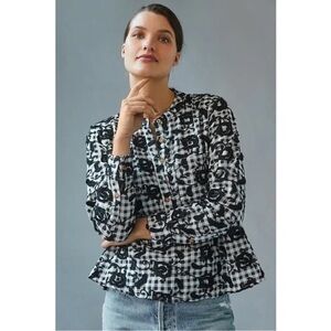 Anthropologie Black and White Gingham Floral Button-Front Peplum Top